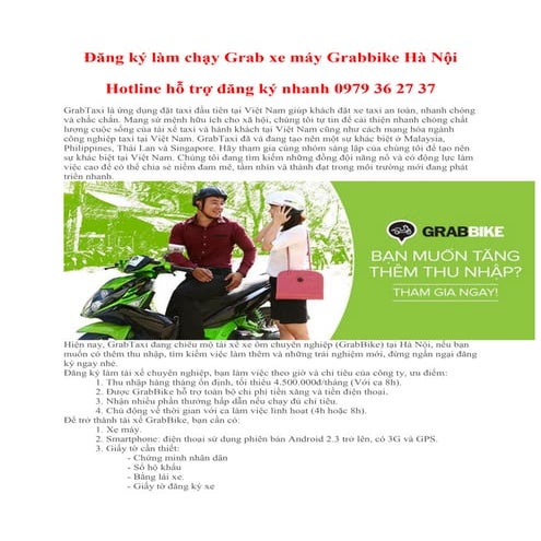 Đăng ký chạy grab xe máy grabbike hà nội (xe ôm grabbike)