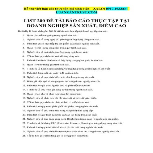 200 đề tài báo cáo thực tập tại doanh nghiệp sản xuất