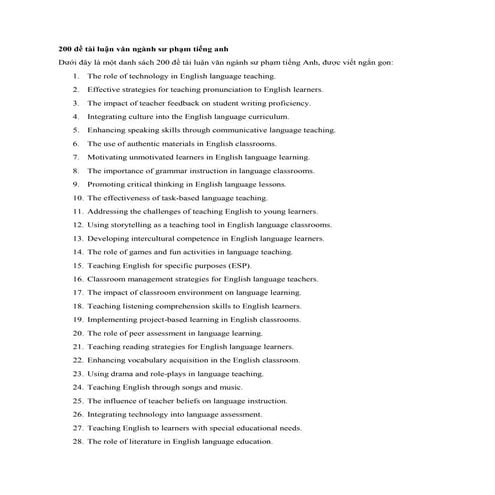 200 đề tài luận văn ngành sư phạm tiếng anh, HAY