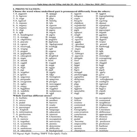 Ngân hàng câu hỏi tiếng  anh 10   hk1 (2016-2017)