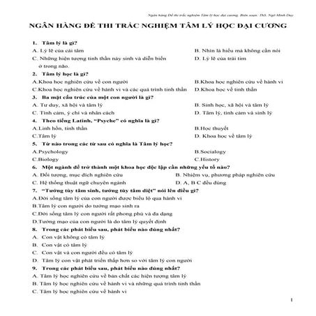 Ngân hàng đề thi trắc nghiệm tâm lý học đại cương