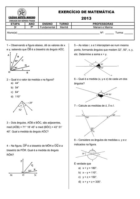 8 ano - Exercícios - Ângulos | DOCX