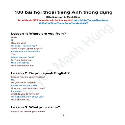 100 bài hội thoại tiếng Anh thông dụng (kem Audo Mp3)