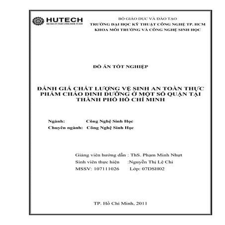 đáNh giá chất lượng vệ sinh an toàn thực phẩm cháo dinh dưỡng ở một số quận t...