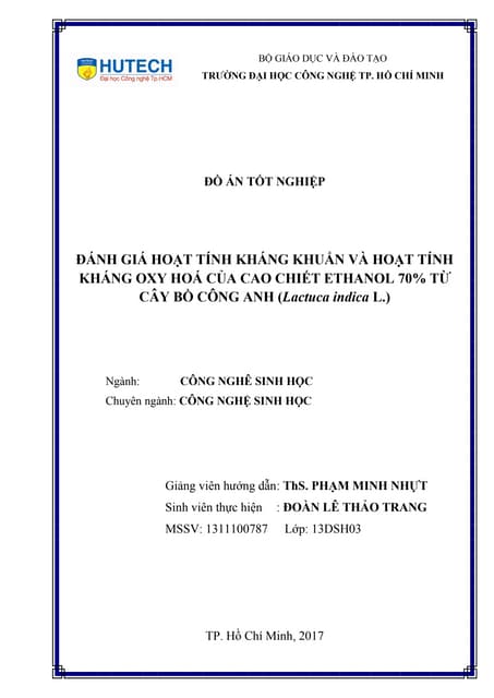 đáNh giá hoạt tính kháng khuẩn và kháng oxy hóa của cao chiết ethanol 70% từ ...