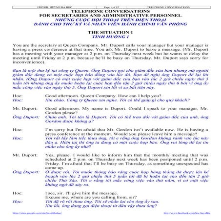 Những cuộc hội thoại mẫu trên điện thoại dành cho thư ký và nhân viên hành ch...
