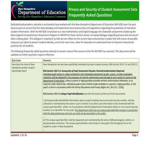 NH Privacy of Student Records Frequently Asked Questions (1.21.2014)