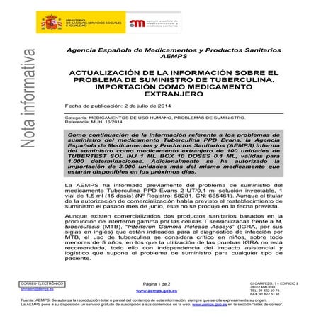 Actualización de la Información sobre Disponibilidad de Tuberculina como Medi...