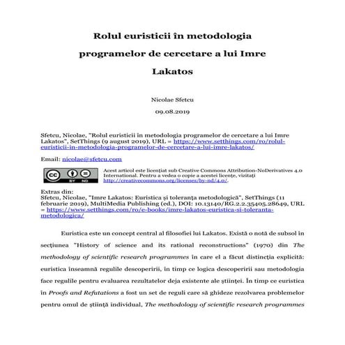 Rolul euristicii în metodologia programelor de cercetare a lui Imre Lakatos