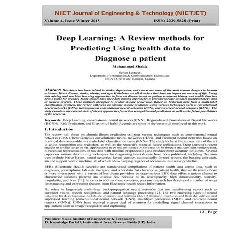 Deep Learning: A Review Methods For Predicting Using Health Data To Diagnose ...