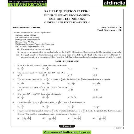Nift ug technology sample question paper gat