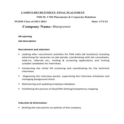 Niilm  cms placements 2013- manpower-hr job