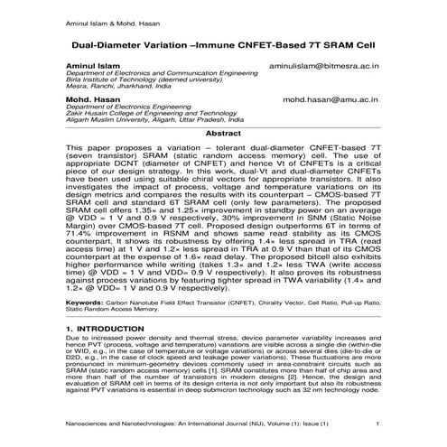 Dual-Diameter Variation –Immune CNFET-based 7T SRAM Cell