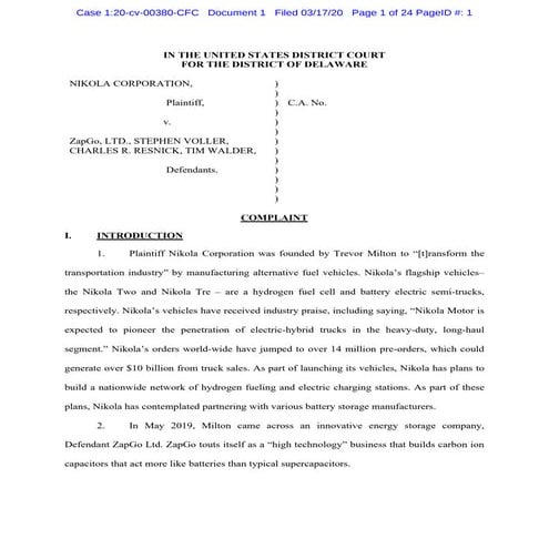 Nikola v. ZapGo Complaint