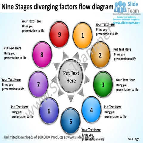 Nine stages diverging factors flow diagram processs and power point slides