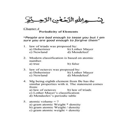 Ninth class chemistry mcqs (periodicity of elements)