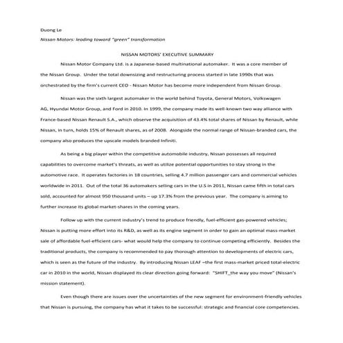 Nissan motors   leading toward green transformation