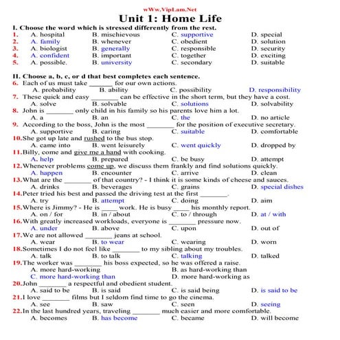 Đề Tiếng Anh 12 cơ bản unit 1 có đáp án - VipLam.Net