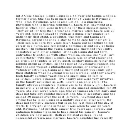 nit 3 Case Studies  Laura Laura is a 55-year-old Latina who is a for.docx