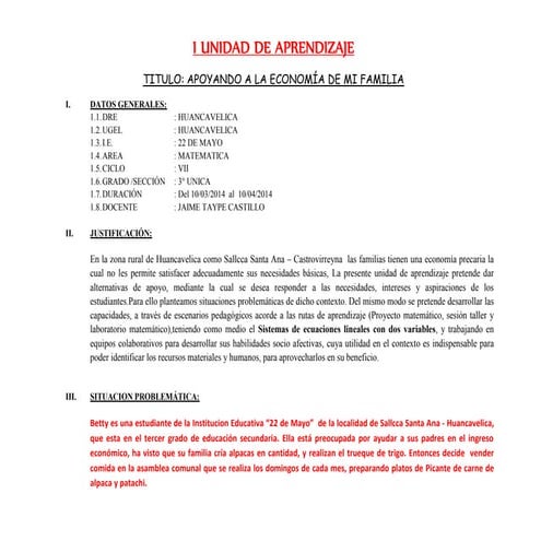 UNIDAD DE APRENDIZAJE DEL AREA MATEMATICA CON NIVELES DE DOMINIO