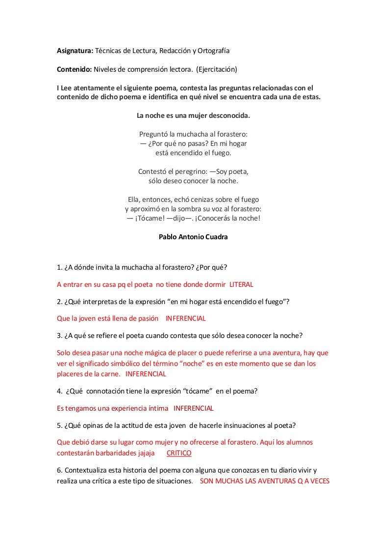 EJERCICIOS PARA PARACTICAR LOS NIVELES DE COMPRENSIÓN LECTORA