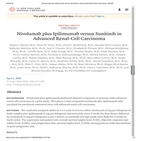 Nivolumab plus ipilimumab versus sunitinib in advanced renal cell ...