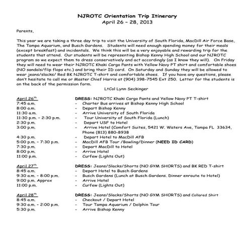 Bishop Kenny NJROTC Spring Trip Itinerary for Parents 