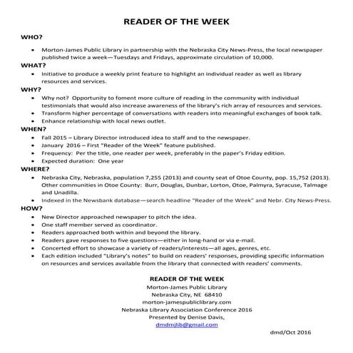 Reader of the Week Handout