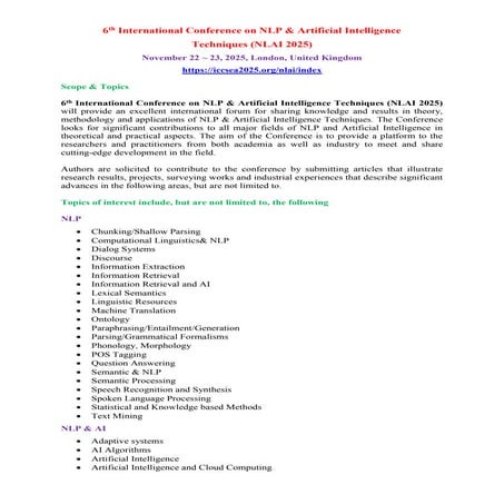 6th International Conference on NLP & Artificial Intelligence Techniques (NLAI 2025)