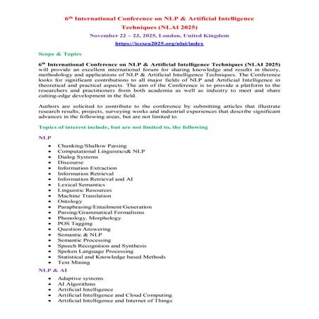 6th International Conference on NLP & Artificial Intelligence Techniques (NLAI 2025)