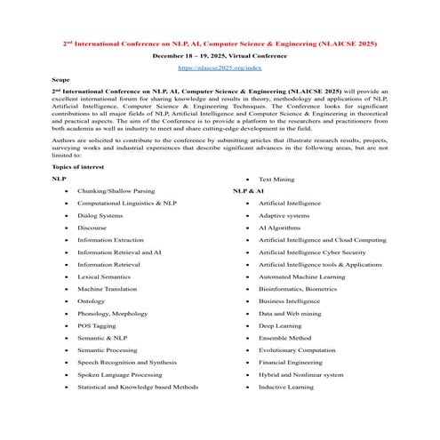 2nd International Conference on NLP, AI, Computer Science & Engineering (NLAI...