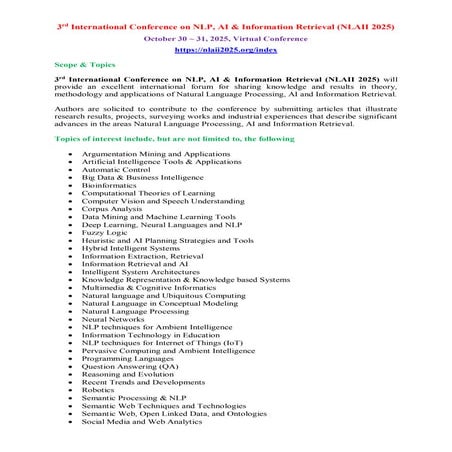 3rd International Conference on NLP, AI & Information Retrieval (NLAII 2025)