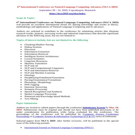 Submit Your Research Articles - 6th International Conference on Natural Language Computing Advances (NLCA 2025)