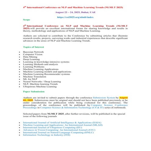 Submit Your Papers-4th International Conference on NLP and Machine Learning T...