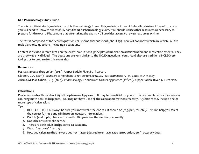 Nln Pharmacology Study Guide Final 6 3 2013