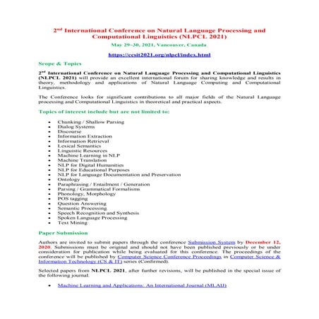 2 nd International Conference on Natural Language Processing and Computationa...