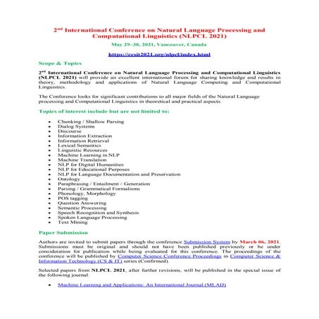 2 nd International Conference on Natural Language Processing and Computationa...