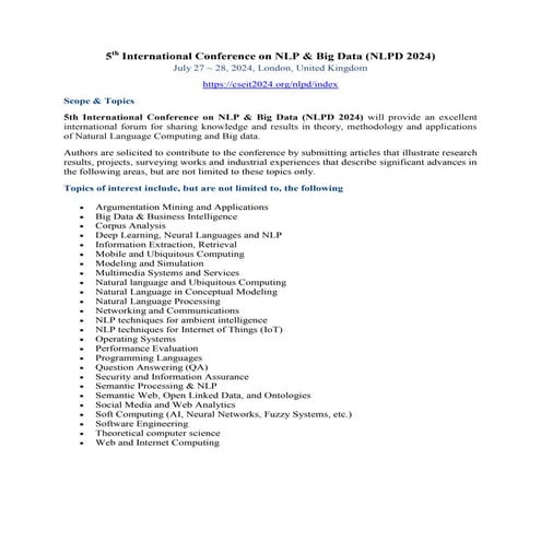 Call for Papers - 5th International Conference on NLP & Big Data (NLPD 2024)