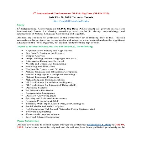 Call for Papers - 6th International Conference on NLP & Big Data (NLPD 2025)