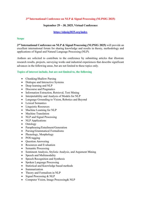 3rd International Conference on NLP & Signal Processing (NLPSIG 2025)