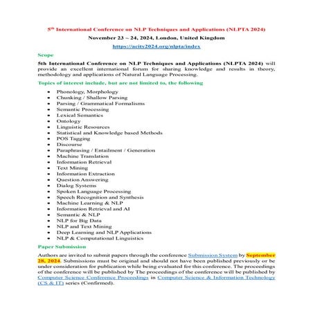 Call for Papers - 5th International Conference on NLP Techniques and Applications (NLPTA 2024)
