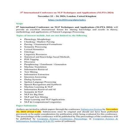 5th International Conference on NLP Techniques and Applications (NLPTA 2024)