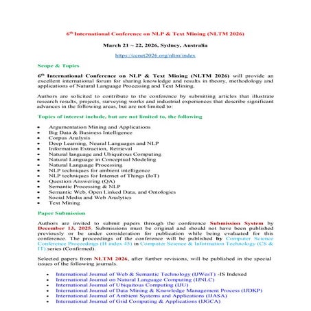 Call for Papers..!!!   6th International Conference on NLP & Text Mining (NLT...