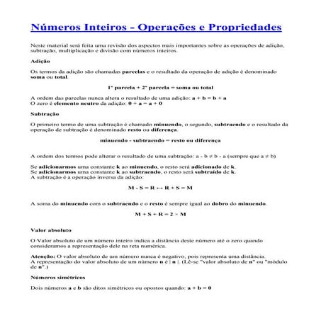 +Números inteiros operações e propriedades | DOCX