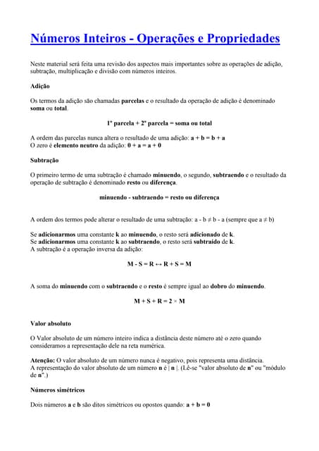 +Números inteiros operações e propriedades | DOCX