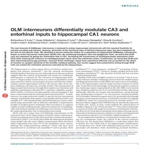 OLM interneurons differentially modulate CA3 and entorhinal inputs to hippoca...