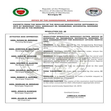 BRGY. 6 RESOLUTION NO. 20 Series of 2019 PATROL VEHICLE REQUEST