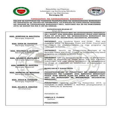 BRGY. 6 RESOLUTION NO. 27 Series of 2019 BPOPS PLAN