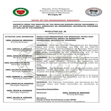 BRGY. 6 RESOLUTION NO. 30 Series of 2019 BARANGAY PEACE AND ORDER COUNCIL