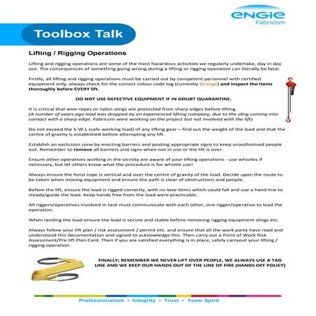 TOOLBOX TALK | lifting & rigging operations